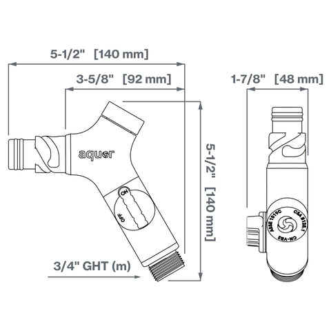 Technical diagram of Comfort Grip VB Hose Connector With Built In Vacuum Breaker And Ball Valve, dimensions and details shown.