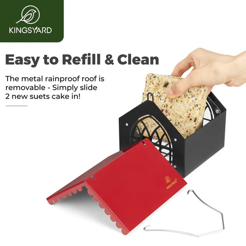 Double Upside Down Suet Feeder With Weatherproof Roof All Metal Outdoor Hanging Bird Feeder open with suet block
