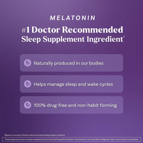 Melatonin 10 Mg Fast Dissolve Tablets Strawberry Flavor 60 Count Sleep Aid For Adults benefits description on purple background