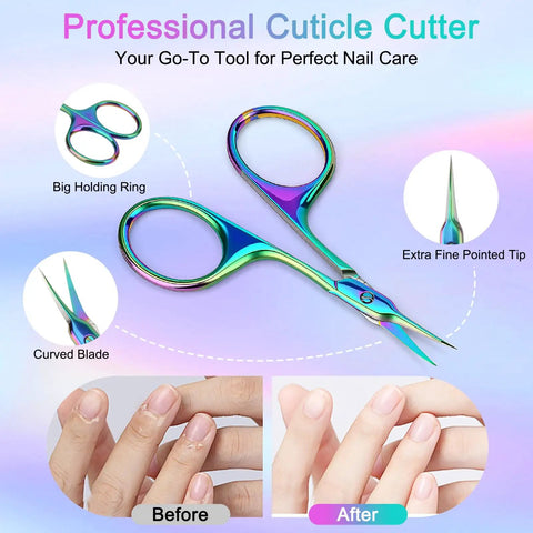 Curved Cuticle Scissors With Extra Fine Tip For Precise Nail Care Clean Snips Of Cuticles And Hangnails Rust Resistant 304 Stainless Steel Manicure Pedicure Tool For Salon Or Home Grooming, rainbow finish