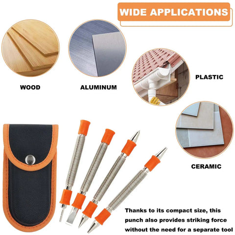Professional Grade Spring Loaded Dual Head Nail Setter And Center Punch Workhorse Built From Heat Treated Steel For Tough Woodworking Jobs That Throw Kickin Force And Require Zero Finesse Setup, with various applications on wood, aluminum, plastic, and ceramic.