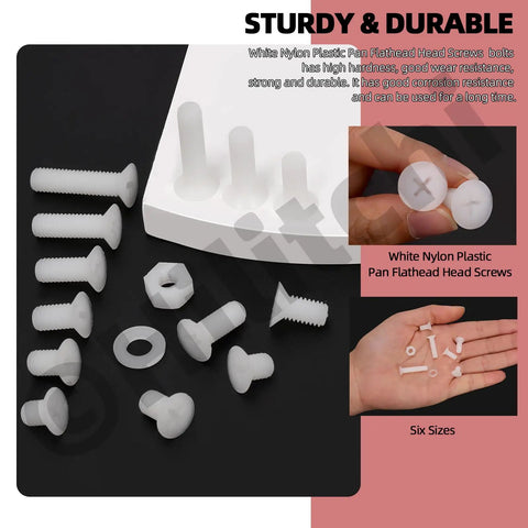 Badass White Nylon Pan Head Screw Kit M4 X 4 To 12 Mm Six Piece Assortment with hex nuts and washers displayed on a dark background.