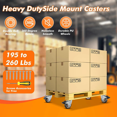 Stacked boxes on 1.5 Inch Side Mount Caster Wheels Set Of 12 With Locking Swivel, industrial setting.