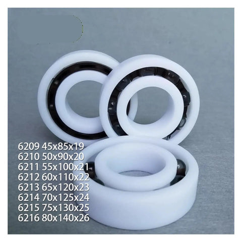 POM Plastic Bearing Set 6209-6216 in white, corrosion resistant, non magnetic, displayed on a gray background.