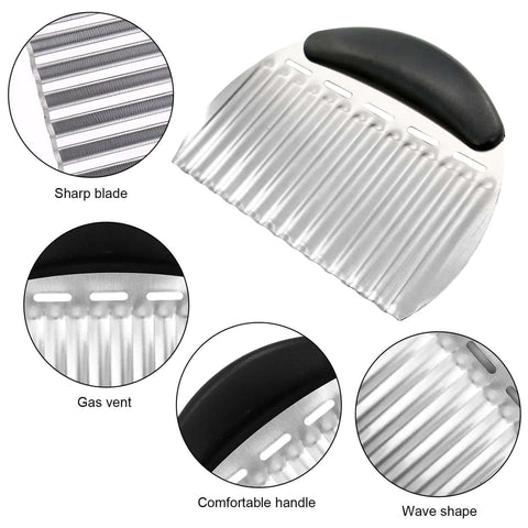 Amazon 3-piece crinkle cutter set with stainless steel wave blades and black ergonomic handles for vegetables and fries.