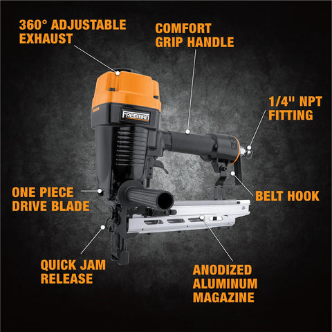 Pneumatic 9-Gauge 2-Inch Fencing Stapler With T-Handle Adjustable Belt Hook And Case, features labeled on diagram.