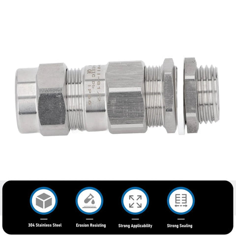 Cable gland side view, explosion-proof 304 stainless steel, dual-sealing armoured gland for electrical junction boxes.