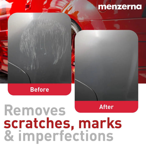 Before and after image showing the results of using Scratch and Swirl Remover Kit Car Polishing Set With Heavy Cut 400 8oz and 3.5 Inch Polishing Pads For All Vehicles Deep Scratch Repair One Step Polish Garage Ready Shine.