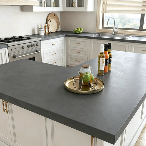 Kitchen countertop with extra thick matte concrete wallpaper roll peel and stick dark grey vinyl contact paper for countertops