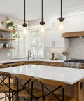 Industrial Pendant Light Fixture With Clear Glass Shade in modern kitchen island setting, E26 Base, UL Listed, rustic farmhouse vibe