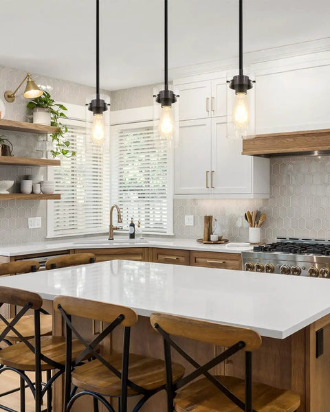 Industrial Pendant Light Fixture With Clear Glass Shade in modern kitchen island setting, E26 Base, UL Listed, rustic farmhouse vibe
