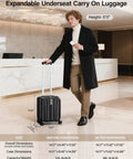 Man with 16 Inch Expandable Underseat Carry-On Luggage With Wheels, Grab-And-Go Top Opening, Lightweight Hard Shell, Jet Black