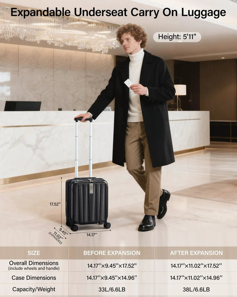 Man with 16 Inch Expandable Underseat Carry-On Luggage With Wheels, Grab-And-Go Top Opening, Lightweight Hard Shell, Jet Black