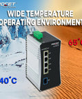 Industrial Four Port Din Rail Gigabit PoE Switch with 90W per Port shown in temperature range of -40°C to 65°C