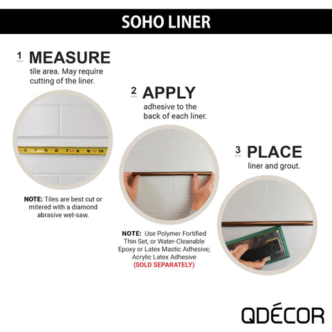 Step-by-step guide for installing Soho Listel Low Pencil Tile Trim One Half Inch By 12 Inch Brushed Nickel Decorative Edge in bathrooms.