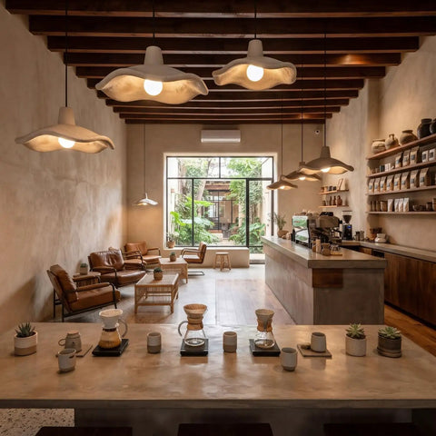 Textured Pendant Light, Cream Aesthetic Hanging Lamp for Kitchen Island above a cafe setting with wooden beams and plants.