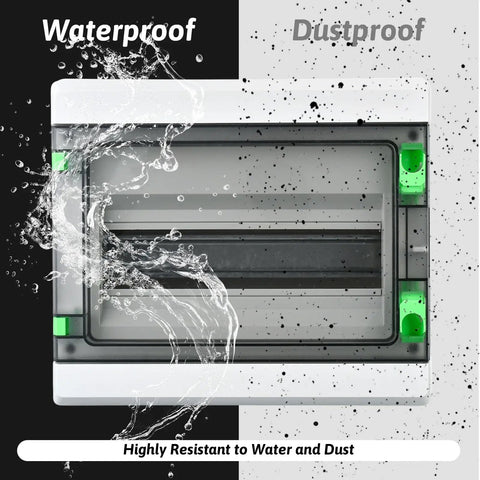 12 Way Waterproof Power Distribution Box Built Like a Tank With Cold Rolled Steel Plate And Embedded Brass Nuts Heavy Duty Din Rail Enclosure For Indoor Outdoor Wiring showing waterproof and dustproof features.