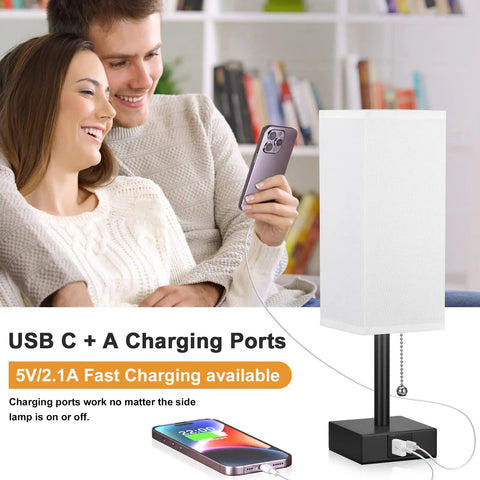 Couple with phone using Nightstand Lamp With 3 Color Temperatures 2700K 3500K 5000K, USB C And USB A Ports, Pull Chain Control