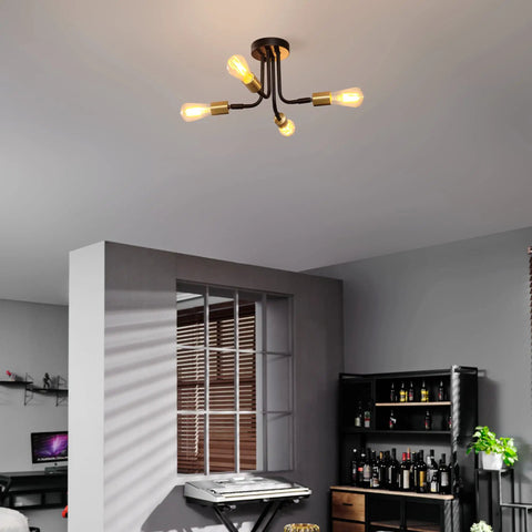 4 Light Adjustable Socket Semi Flush Mount Ceiling Light In Matte Black With Matte Brass Accents Exposed E26 Base Pivot Joints Industrial Sputnik Style Fixture For Modern Living Rooms And Hallways installed in gray room