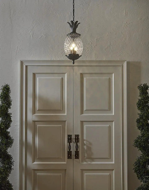 Lanai Collection 3 Light Outdoor Hanging Lantern In Black Coral Finish For Exterior Porch And Patio Damp Rated UL Listed Vintage Style Exterior Lighting Fixture With Leaf And Flower Motifs hanging by doors
