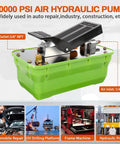 Foot Operated Air Hydraulic Pump 10,000 PSI Heavy-Duty with 3/8" NPT Outlet and 1/4" Air Inlet, displayed on green base.