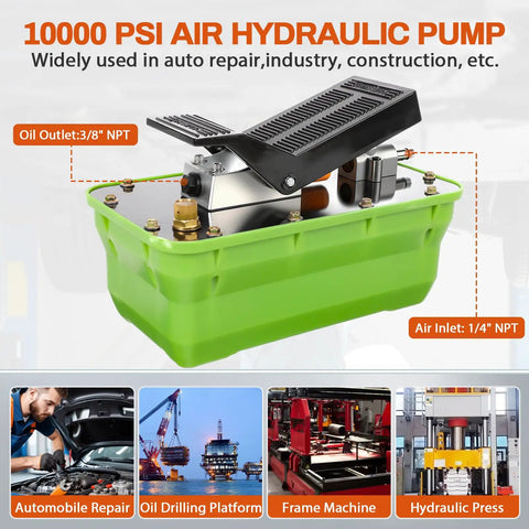 Foot Operated Air Hydraulic Pump 10,000 PSI Heavy-Duty with 3/8" NPT Outlet and 1/4" Air Inlet, displayed on green base.