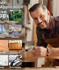 Man smiling while woodworking, highlighting the wide application of the 24 Piece Sandpaper Set With 12 Grits From 120 To 3000 Wet Dry Silicon Carbide Sheets for various materials.