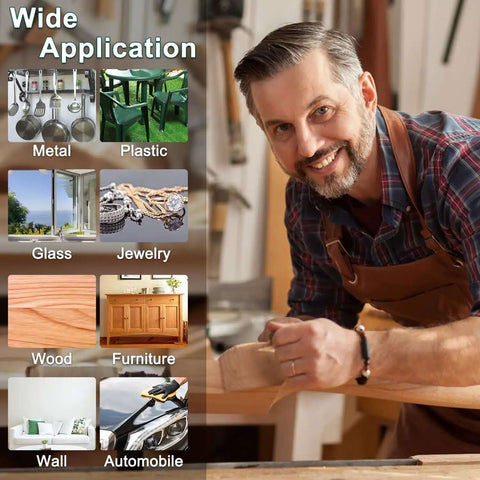 Man smiling while woodworking, highlighting the wide application of the 24 Piece Sandpaper Set With 12 Grits From 120 To 3000 Wet Dry Silicon Carbide Sheets for various materials.