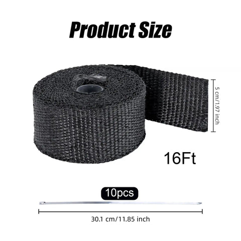 Exhaust Wrap Heat Shield Roll 2 Inch By 16 Foot Fiberglass Heat Wrap for Exhaust Pipes on Motorcycle and Car with ties shown