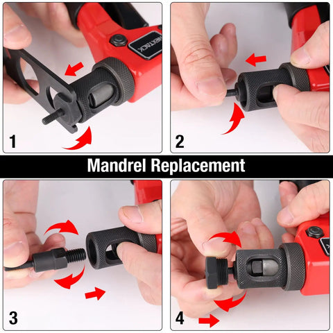 Pro Grade Heavy Duty M3 And M4 Mandrel Tips And Nosepiece Set With 20 Rivet Nuts shown in assembly for Nextack NT models