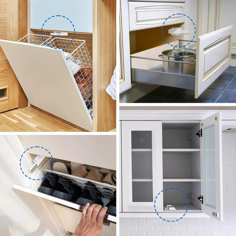 Slick Magnetic Push To Open Cabinet Latches Handle Free Touch Catch Heavy Duty Spring Loaded Drawer Closer No Sweat Setup For Rv Or Modern Closet Hardware 2 Pack, showcasing installation in various cabinet types.