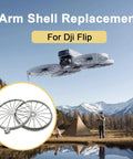 Left Rear Arm Shell Replacement For DJI Flip Drone Body with scenic mountain backdrop and camping tent view.