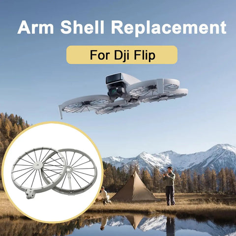 Left Rear Arm Shell Replacement For DJI Flip Drone Body with scenic mountain backdrop and camping tent view.