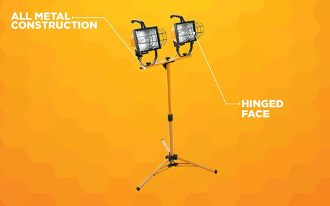 Twin 500 Watt Portable Halogen Work Light With Telescoping Stand Up To 42 Inches, 360 Degree Head Rotation, all metal construction