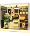 LED Coffee Shop Mini Model Kit for DIY Dollhouse Enthusiasts, cozy cafe scene with accessories, beginner-friendly house kit