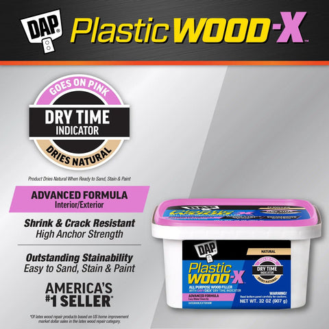 Plastic Wood Filler With DryDex Dry Time Indicator, Natural Color, 32 Oz image on packaging with product features.