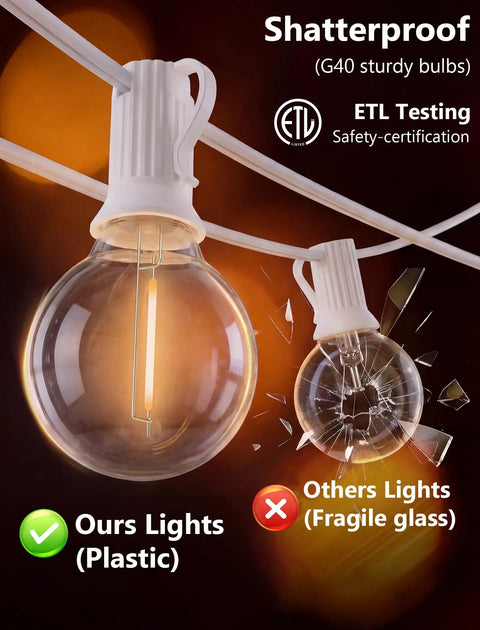 LED Outdoor String Lights 50Ft With 52 G40 Globe Bulbs Waterproof Plug-In Shatterproof Warm White On White Wire For Backyard Patio Garden Balcony Party Wedding Decor Energy Saving