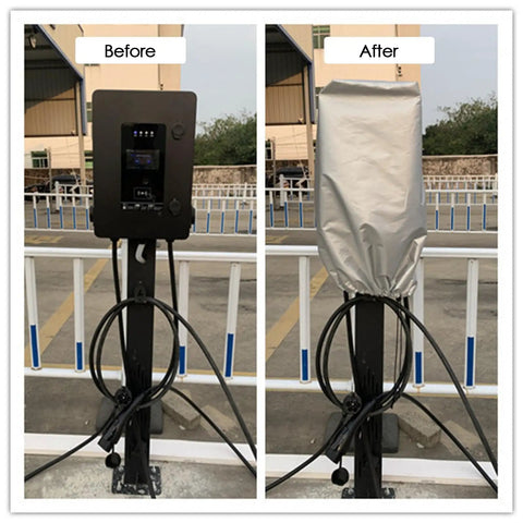 Heavy Duty EV Charger Station Cover Waterproof Rain Dust Proof Protective Enclosure For Outdoor Electric Vehicle Charging Piles before and after comparison