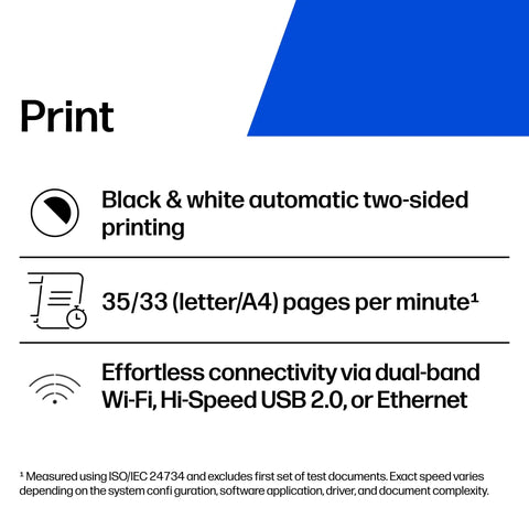 Information graphic highlighting black and white auto duplex printing, 35/33 ppm speed, and dual-band Wi-Fi connectivity features.