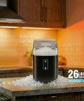 Countertop Nugget Ice Maker Portable Auto Clean With Basket And Scoop Ready In 6 Minutes Delivers Up To 24 Lbs Of Nugget Ice Per Day For Home Kitchen RV Camping And Parties on kitchen counter with ice surrounding