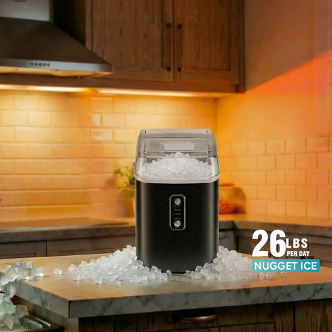Countertop Nugget Ice Maker Portable Auto Clean With Basket And Scoop Ready In 6 Minutes Delivers Up To 24 Lbs Of Nugget Ice Per Day For Home Kitchen RV Camping And Parties on kitchen counter with ice surrounding