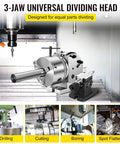 Precision Five Inch Three Jaw Semi Universal Dividing Head For Milling Machines Featuring A Heavy Duty Cast Iron Build in use with drilling and cutting.