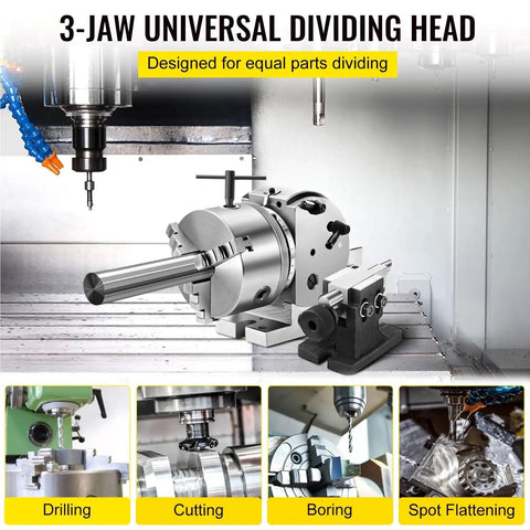 Precision Five Inch Three Jaw Semi Universal Dividing Head For Milling Machines Featuring A Heavy Duty Cast Iron Build in use with drilling and cutting.