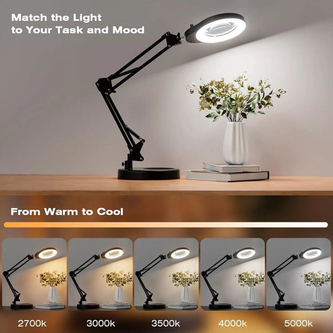 10X Magnifying Glass With Light And Stand For Close Work illuminating vase, demonstrating five color modes under dimmable LED light