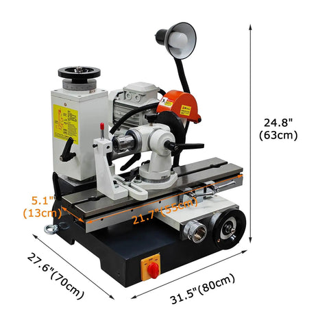 Killer Universal Tool Grinding Machine With 360 Degree Swivel Head And Slick Sharpening Action For Shop Floor Metal Blades Running At 2800 RPM Zero Hassle Works Great, dimensions displayed.