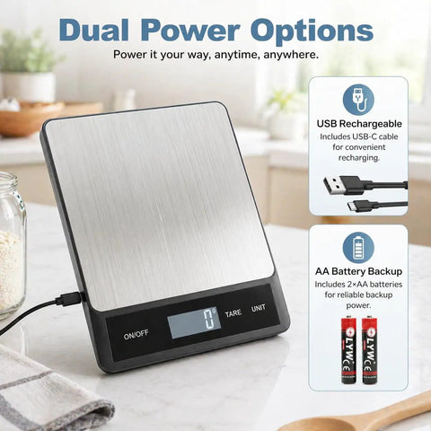 Digital Kitchen Scale With 33Lb Capacity, 15KG Equivalent, Waterproof Stainless Steel Surface, USB Rechargeable Power