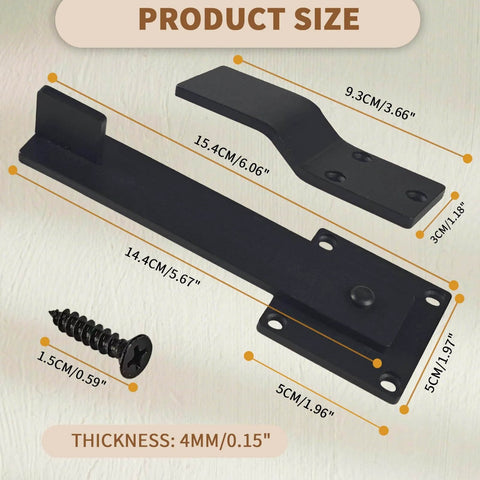 Components of 6 Inch Barn Door Flip Latch Lock Heavy Duty Gate Latch for Fence Shed Farm Garden and Sliding Doors in matte black steel