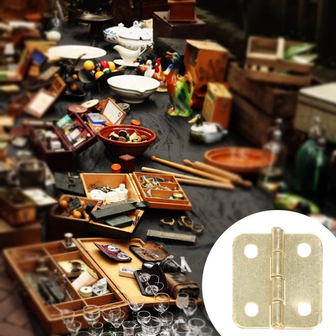 20 Pieces Dollhouse Mini Hinges Hardware Set For Small Furniture Cabinets And Closets 1 To 12 Scale With 80 Screws Yellow Antique Brass Finish Durable Stainless Steel Alloy Perfect For Jewelry Boxes And Dollhouse Miniatures visible on a cluttered tabletop