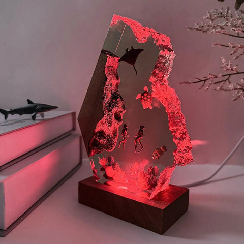 Scuba Diver Ocean Resin Lamp With Multicolor LED Night Light, USB Powered Handmade Epoxy Decor; vivid 3D scene glowing red.