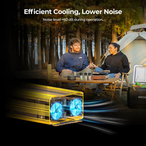 3000W Pure Sine Wave Inverter for Off Grid Power Systems and RVs with cooling feature displayed in camping scene background